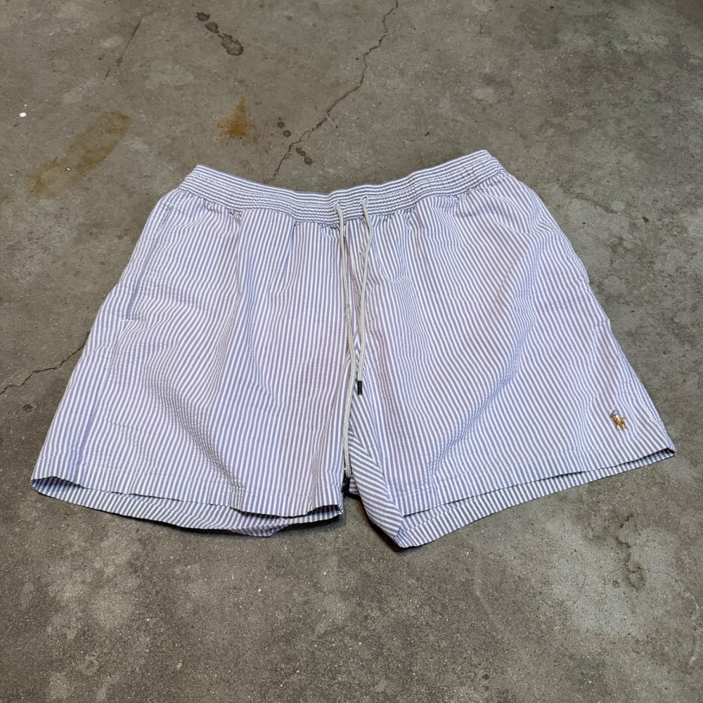 Polo Ralph Lauren Swim Trunks Men XL Blue White Seersucker Striped Pony Logo